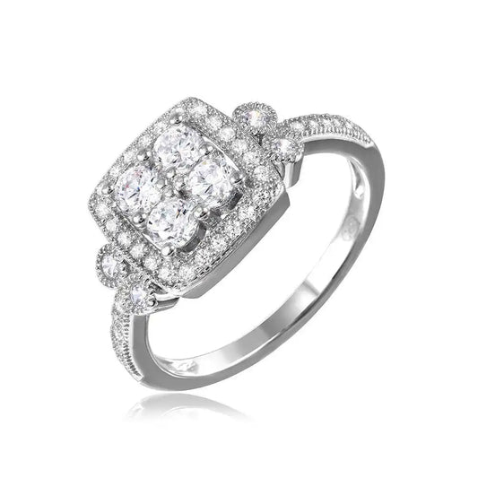 925 Sterling Silver Rhodium Plated Square Halo Ring