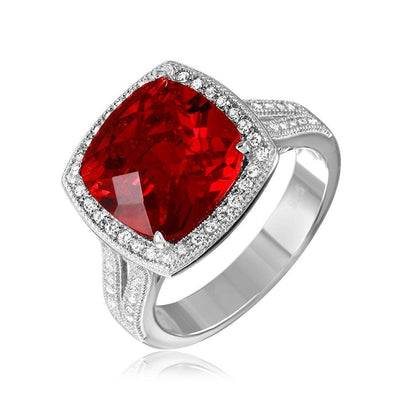 925 Sterling Silver Rhodium Plated Square Halo Red CZ Ring with Micro Pave Ston
