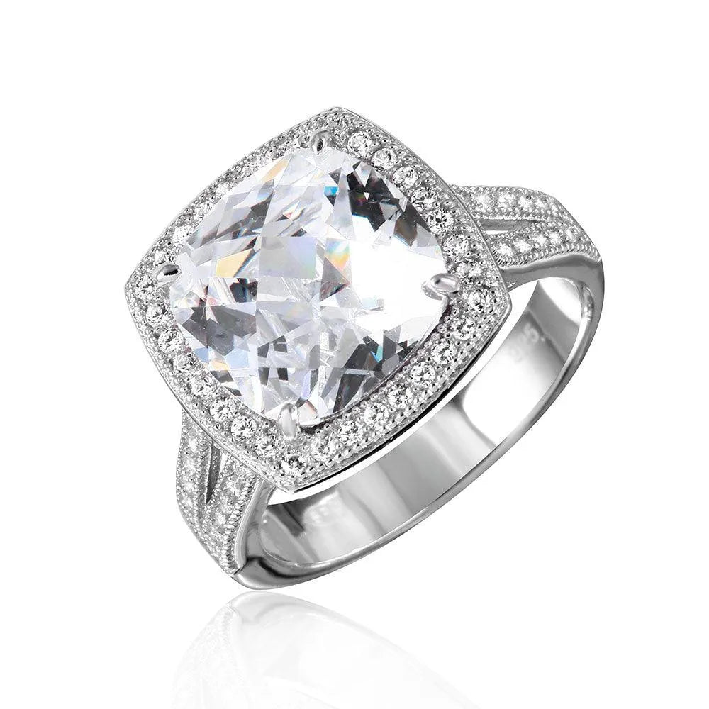 925 Sterling Silver Rhodium Plated Square Halo CZ Ring with Micro Pave Stones