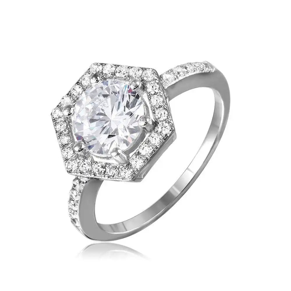 925 Sterling Silver Rhodium Plated 6 Sides Design CZ Halo Ring
