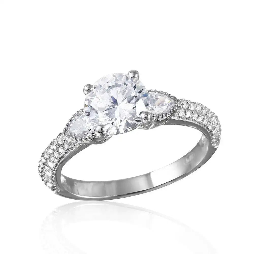 925 Sterling Silver CZ Center Stone Ring with Micro Pave Shank
