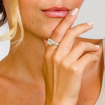 925 Sterling Silver Rhodium Plated Square Design CZ Center Stone Ring