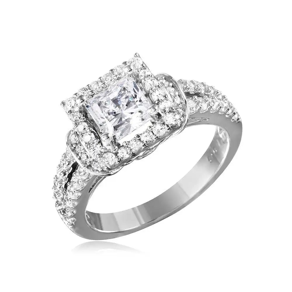 925 Sterling Silver Rhodium Plated Square Design CZ Center Stone Ring