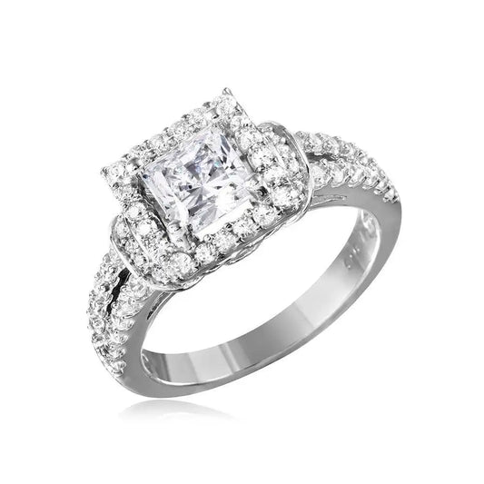 925 Sterling Silver Rhodium Plated Square Design CZ Center Stone Ring