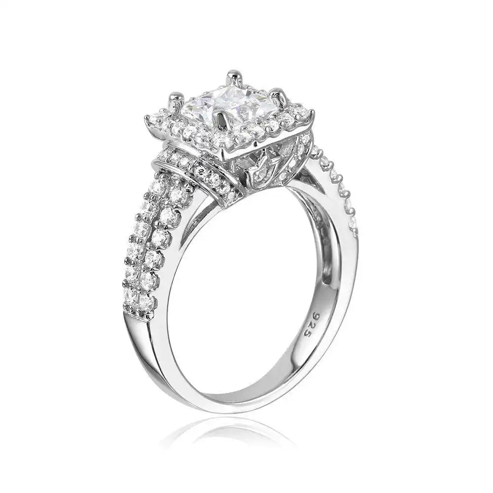 925 Sterling Silver Rhodium Plated Square Design CZ Center Stone Ring