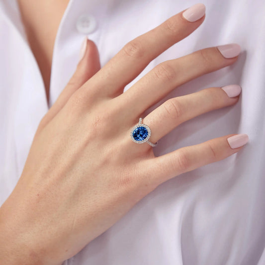 925 Sterling Silver Rhodium Plated Blue Oval Halo Ring with CZ Stones