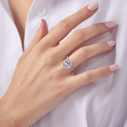 925 Sterling Silver Rhodium Plated Clear Oval Halo Ring with CZ Stones