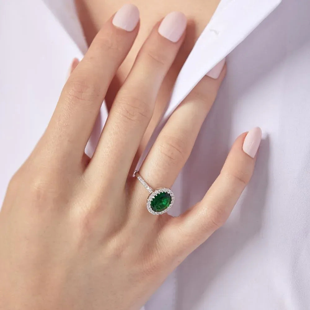 925 Sterling Silver Rhodium Plated Green Oval Halo Ring with CZ Stones