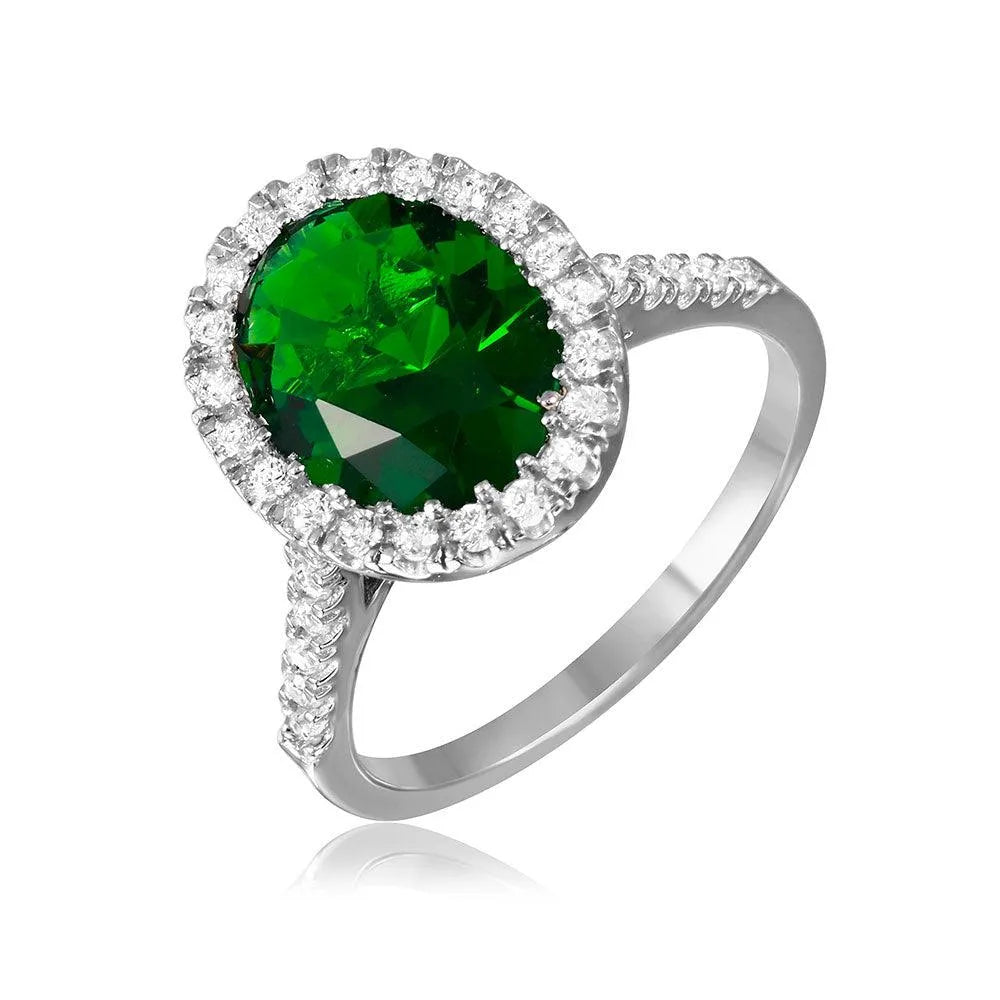 925 Sterling Silver Rhodium Plated Green Oval Halo Ring with CZ Stones