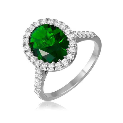 925 Sterling Silver Rhodium Plated Green Oval Halo Ring with CZ Stones