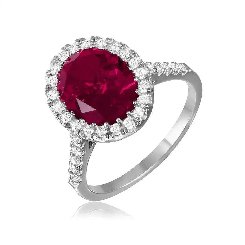 925 Sterling Silver Rhodium Plated Red Oval Halo Ring with CZ Stones