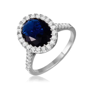 925 Sterling Silver Rhodium Plated Blue Oval Halo Ring with CZ Stones