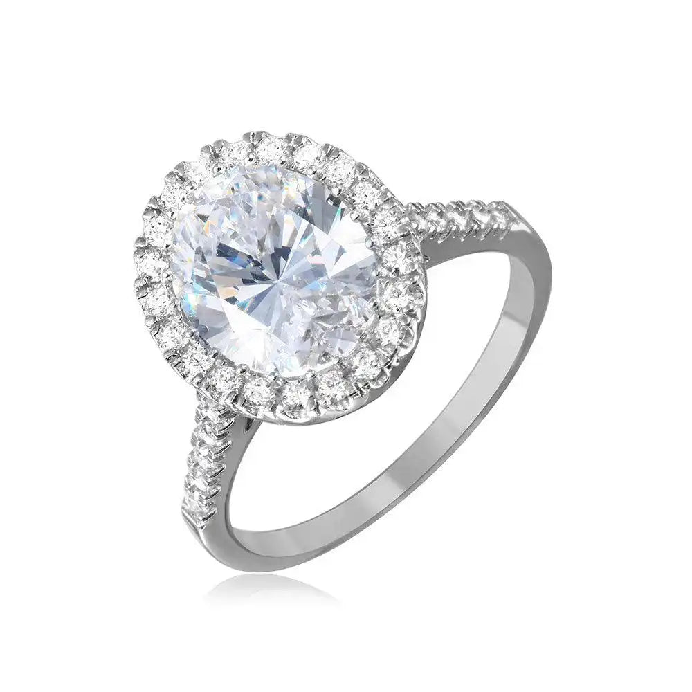 925 Sterling Silver Rhodium Plated Clear Oval Halo Ring with CZ Stones