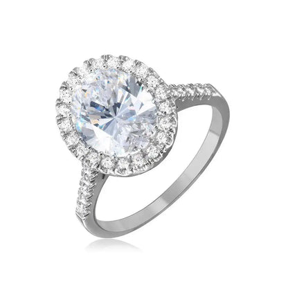 925 Sterling Silver Rhodium Plated Clear Oval Halo Ring with CZ Stones