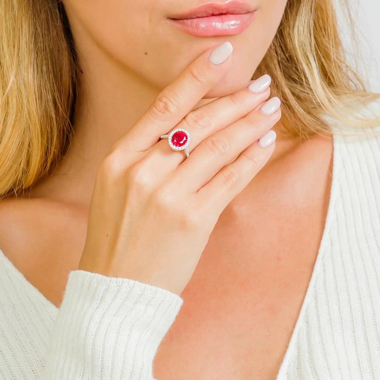 925 Sterling Silver Rhodium Plated Red Oval Halo Ring with CZ Stones