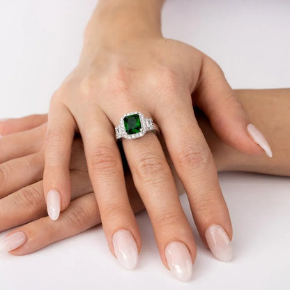 925 Sterling Silver Rhodium Plated Green Emerald Cut Center CZ Stone Ring