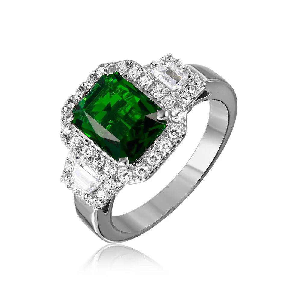 925 Sterling Silver Rhodium Plated Green Emerald Cut Center CZ Stone Ring