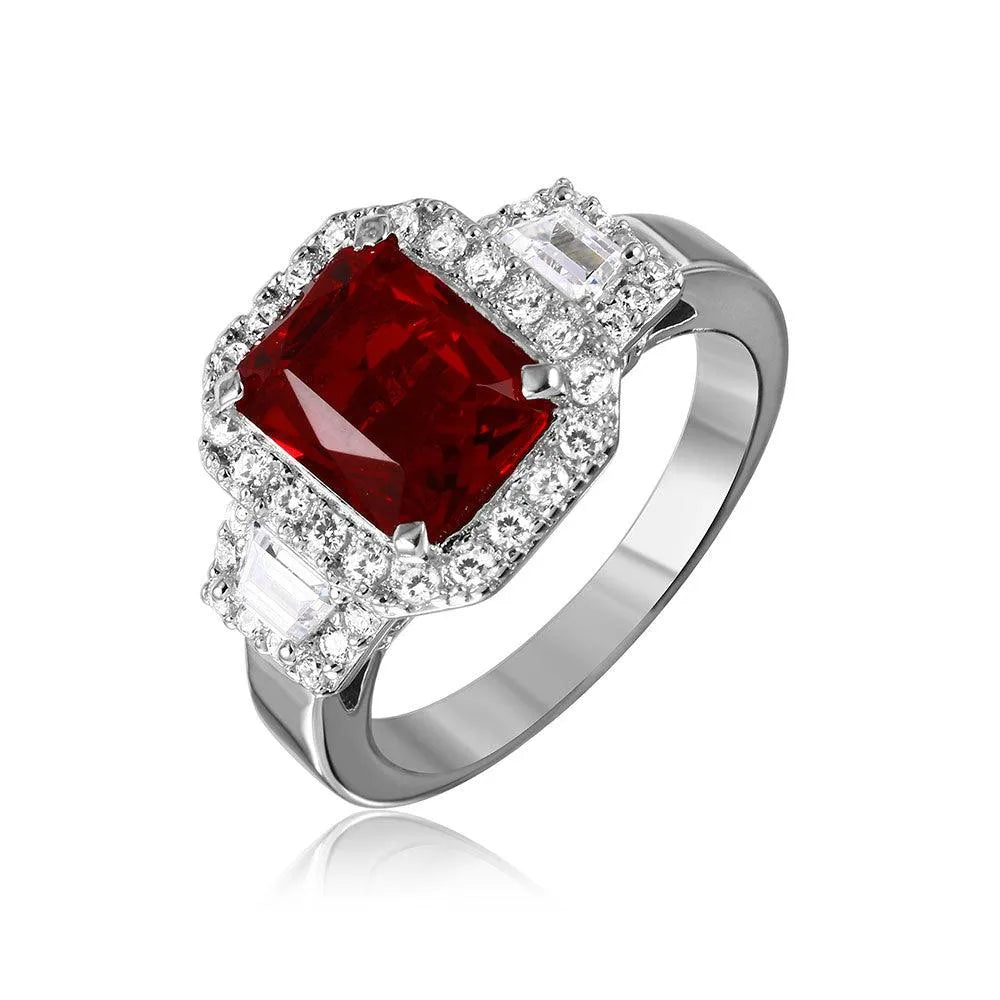 925 Sterling Silver Rhodium Plated Red Emerald Cut Center CZ Stone Ring