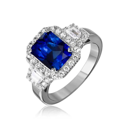 925 Sterling Silver Rhodium Plated Sapphire Emerald Cut Center CZ Stone Ring