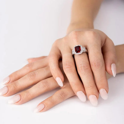 925 Sterling Silver Rhodium Plated Red Emerald Cut Center CZ Stone Ring