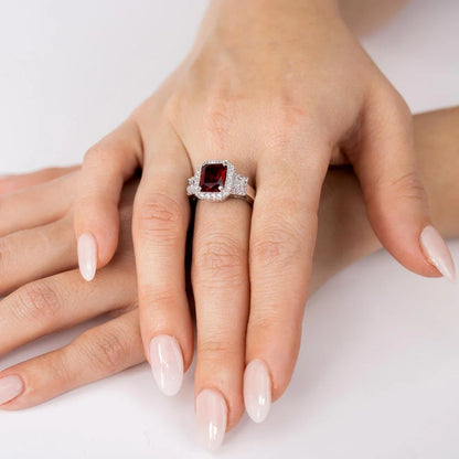925 Sterling Silver Rhodium Plated Red Emerald Cut Center CZ Stone Ring