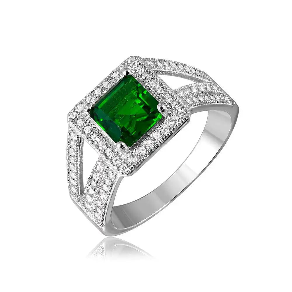 925 Sterling Silver Rhodium Plated Colored Square Halo with Micro Pave CZ Ring