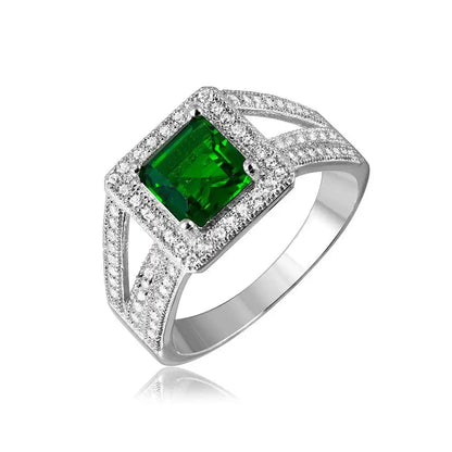 925 Sterling Silver Rhodium Plated Colored Square Halo with Micro Pave CZ Ring