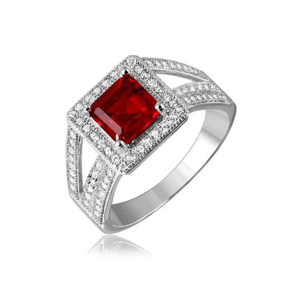 925 Sterling Silver Rhodium Plated Colored Square Halo with Micro Pave CZ Ring