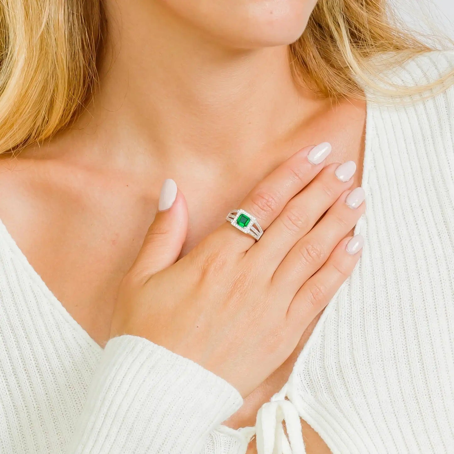 925 Sterling Silver Rhodium Plated Colored Square Halo with Micro Pave CZ Ring