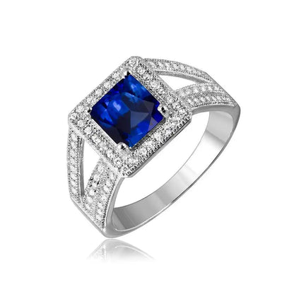 925 Sterling Silver Rhodium Plated Colored Square Halo with Micro Pave CZ Ring