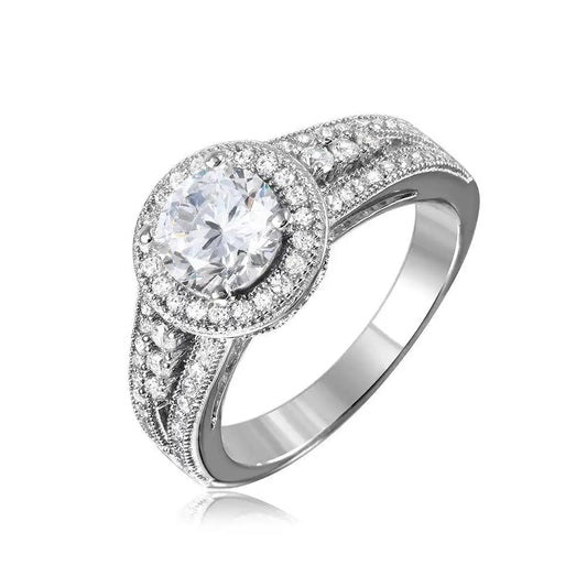 925 Sterling Silver Rhodium Plated Halo Ring with CZ Split Shank Band