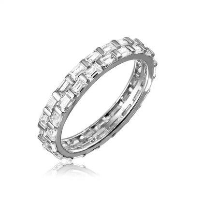 925 Sterling Silver Rhodium Plated Baguette CZ Double Band