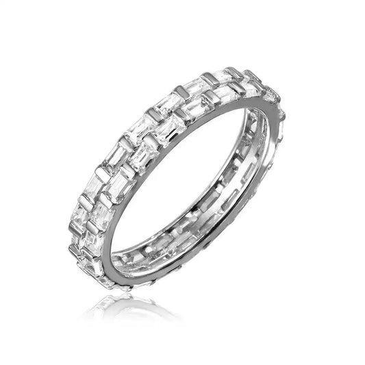 925 Sterling Silver Rhodium Plated Baguette CZ Double Band