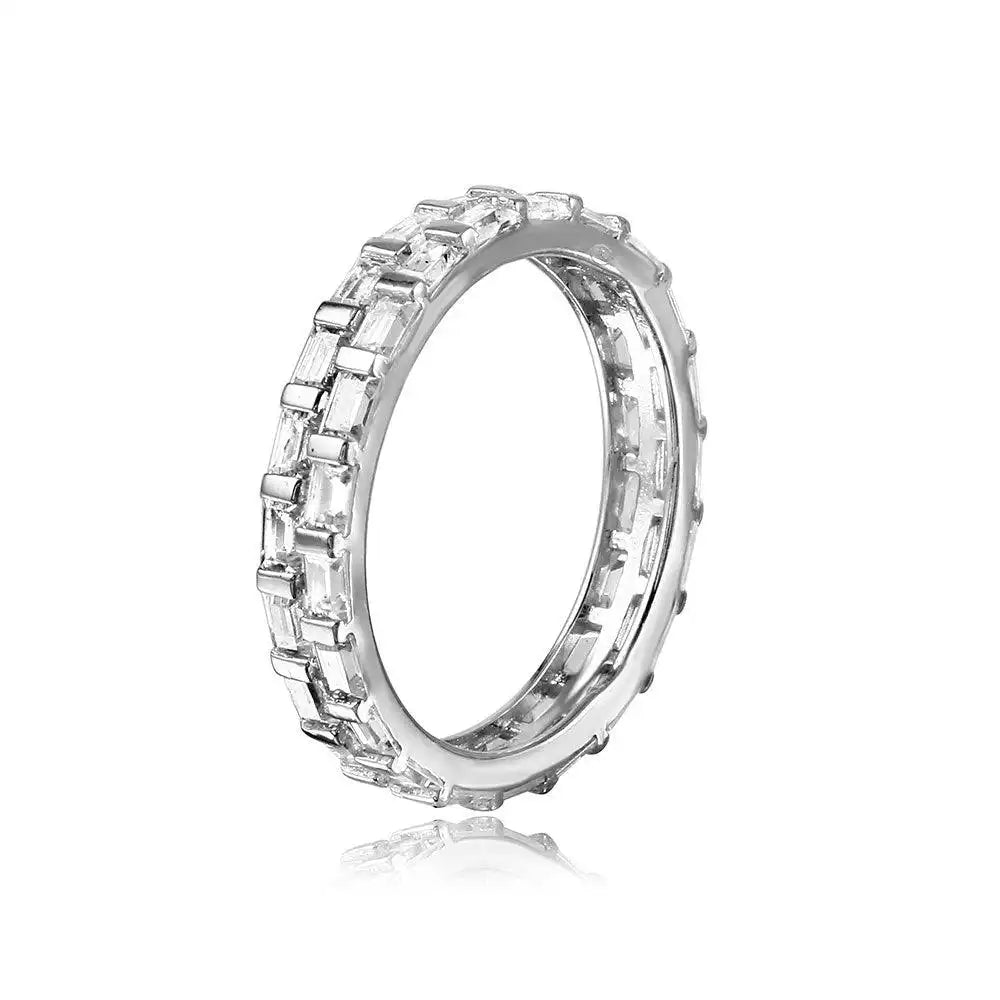 925 Sterling Silver Rhodium Plated Baguette CZ Double Band