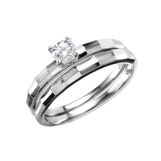 925 Silver Rhodium Plated Center CZ Stone Hammered Band