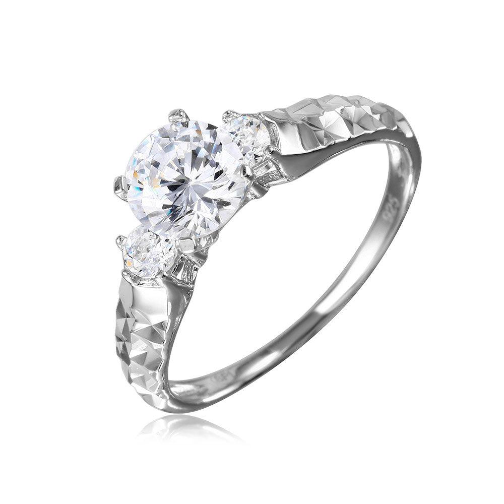 925 Sterling Silver Rhodium Plated Moissanite or CZ Center Stone Ring with Hammered Shank