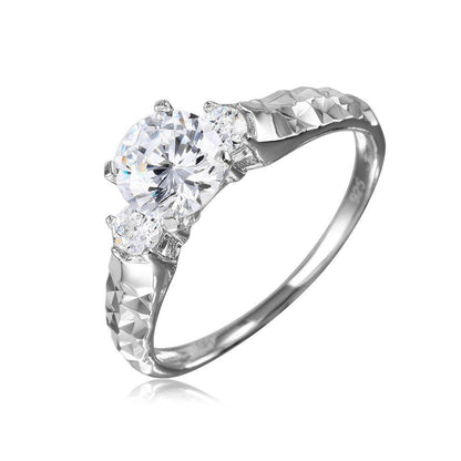 925 Sterling Silver Rhodium Plated Moissanite or CZ Center Stone Ring with Hammered Shank