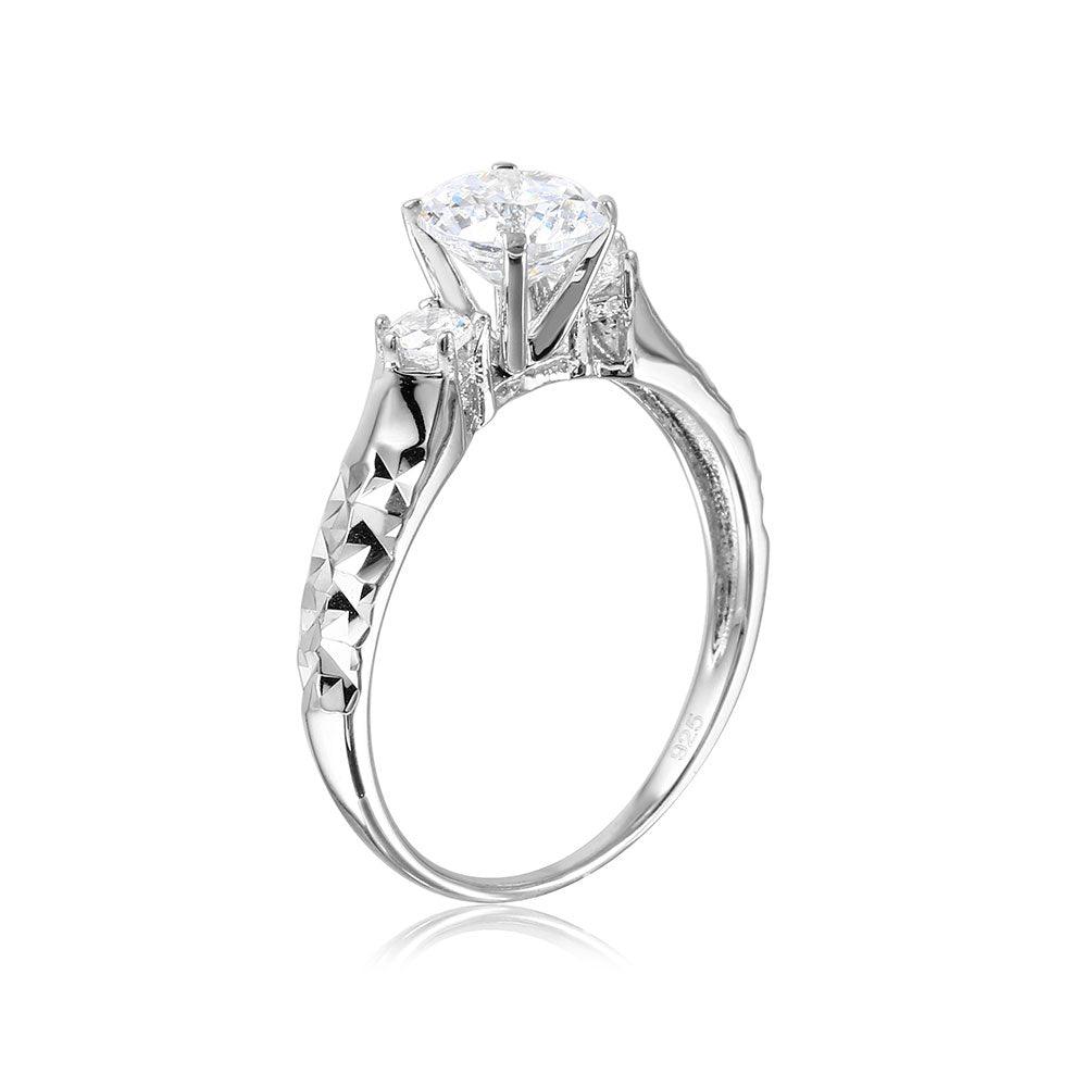 925 Sterling Silver Rhodium Plated Moissanite or CZ Center Stone Ring with Hammered Shank