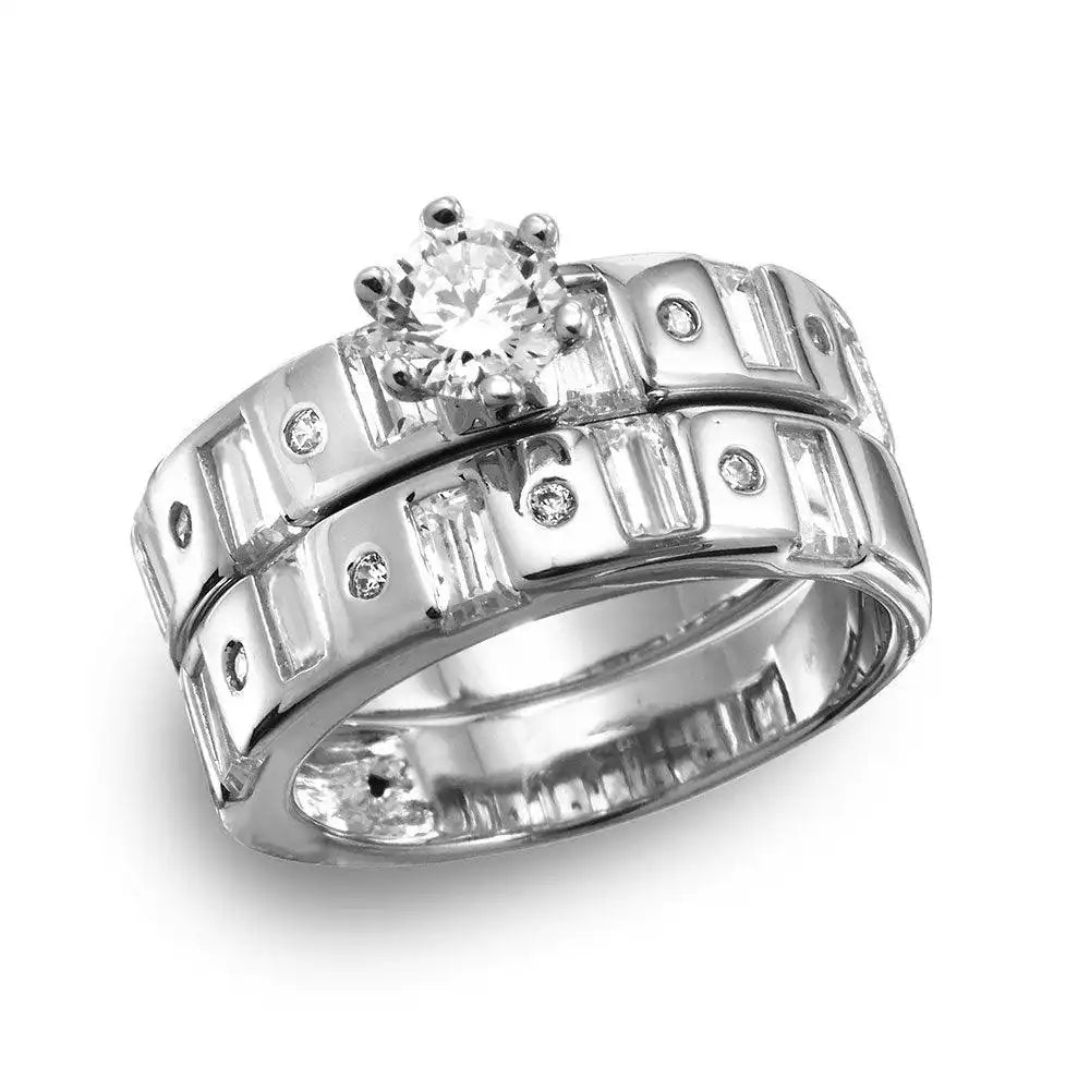925 Sterling Silver Rhodium Plated Baguette CZ Band Engagement Ring
