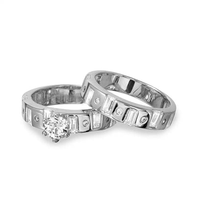 925 Sterling Silver Rhodium Plated Baguette CZ Band Engagement Ring