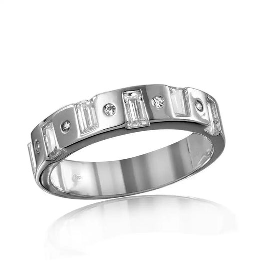 925 Sterling Silver Mens Rhodium Plated Matching Baguette CZ Band