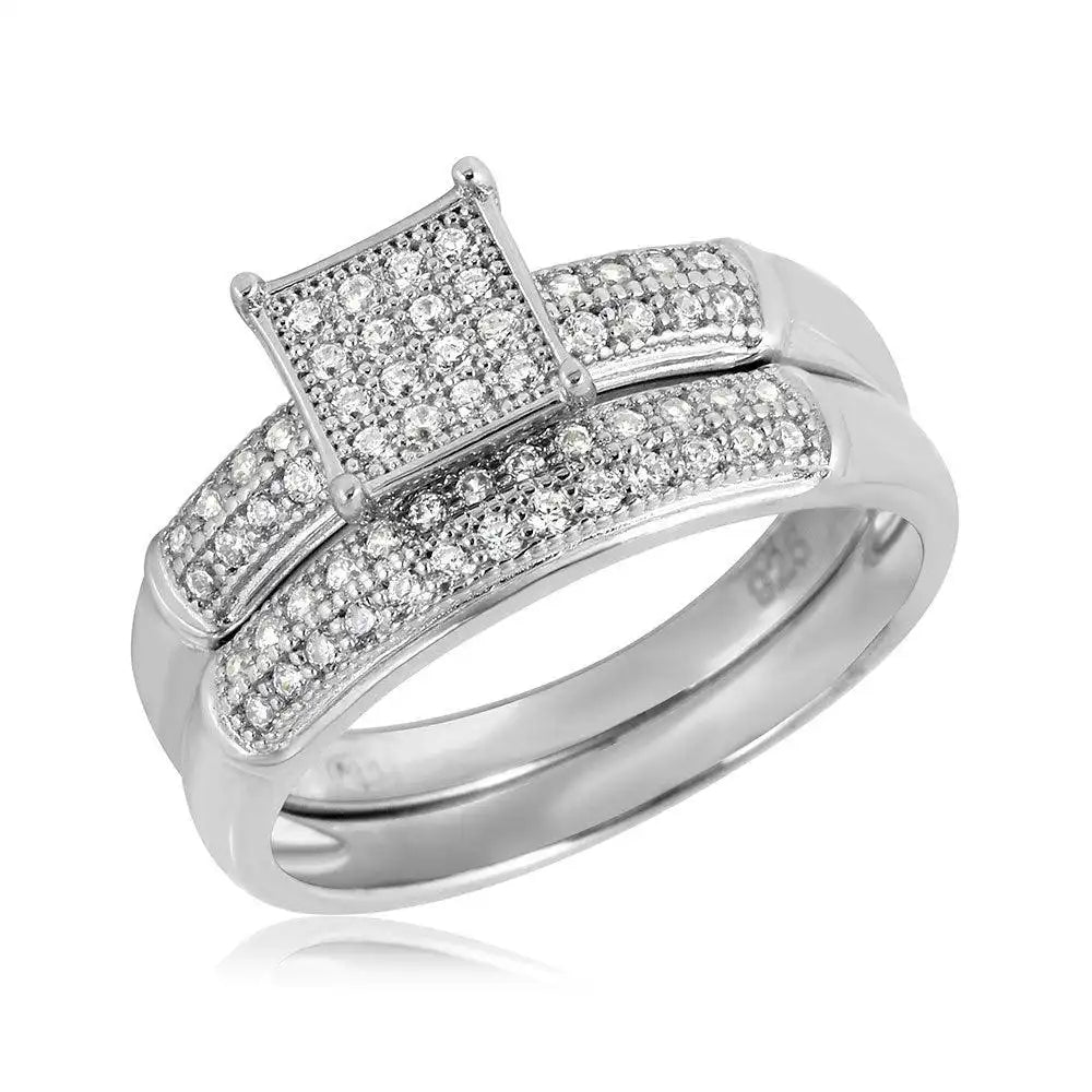 925 Sterling Silver Rhodium Plated Square Design Micro Pave Bridal Ring