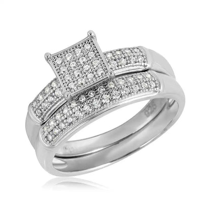 925 Sterling Silver Rhodium Plated Square Design Micro Pave Bridal Ring