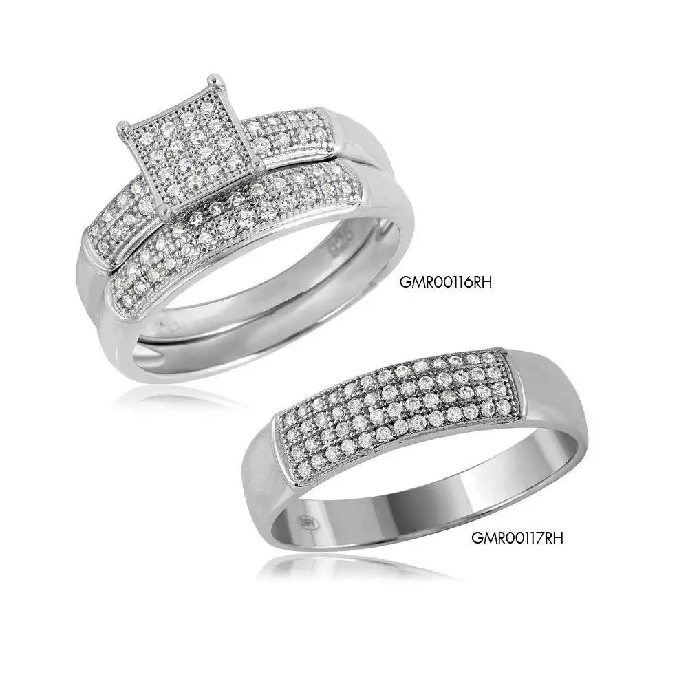 925 Sterling Silver Rhodium Plated Square Design Micro Pave Bridal Ring