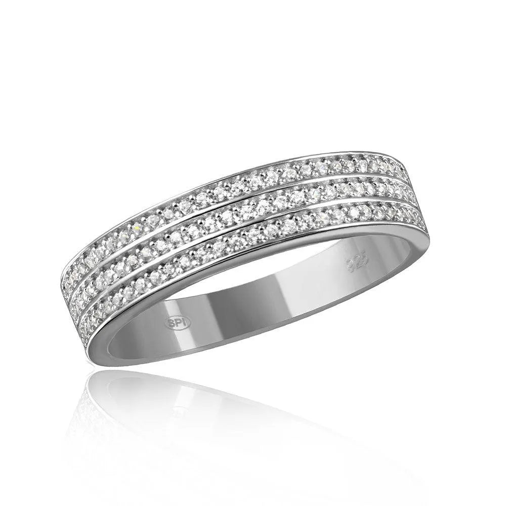 925 Sterling Silver Rhodium Plated Mens Muiti Row Clear CZ Band