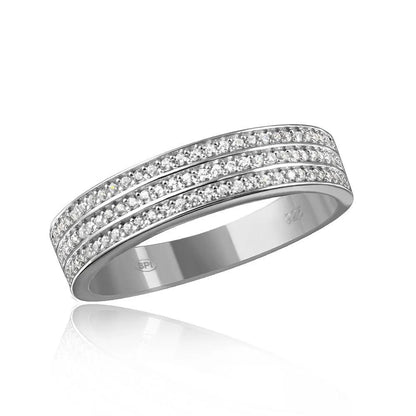 925 Sterling Silver Rhodium Plated Mens Muiti Row Clear CZ Band
