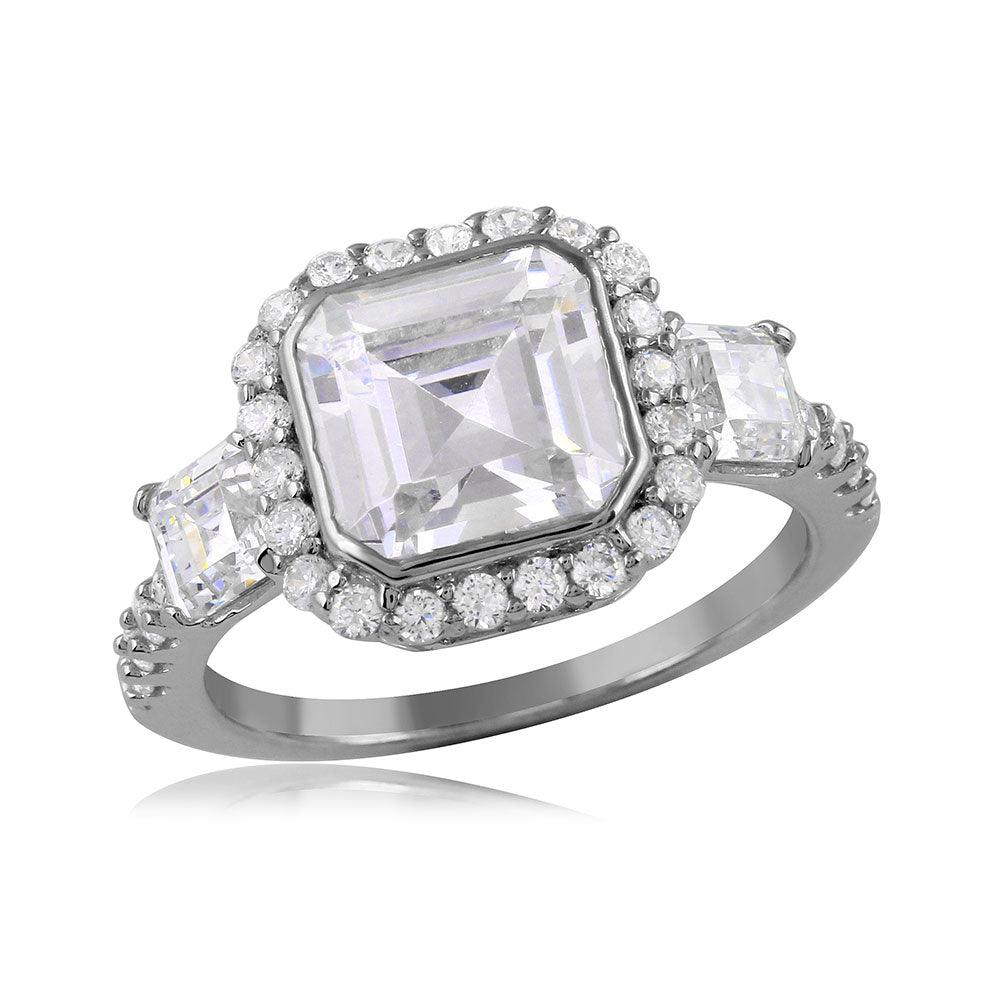 925 Silver Rhodium Plated Princess Cut Halo Center CZ Ring