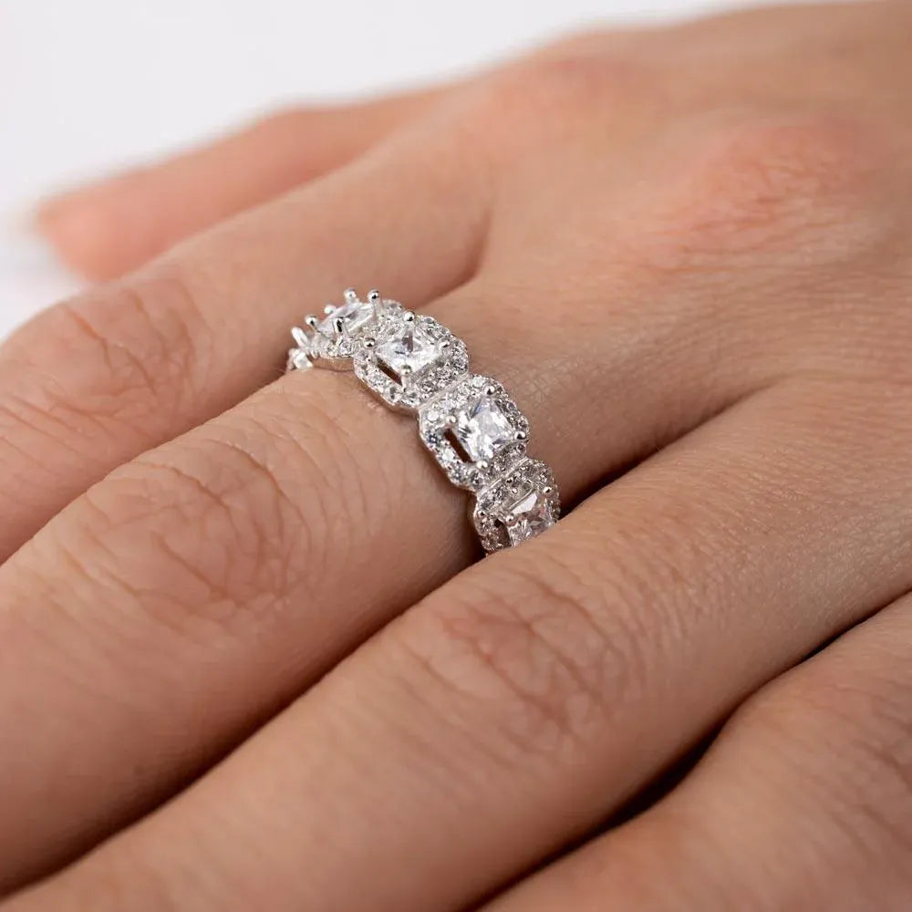 925 Sterling Silver Rhodium Plated Eternity Band with Micro Pave Square and Round CZ