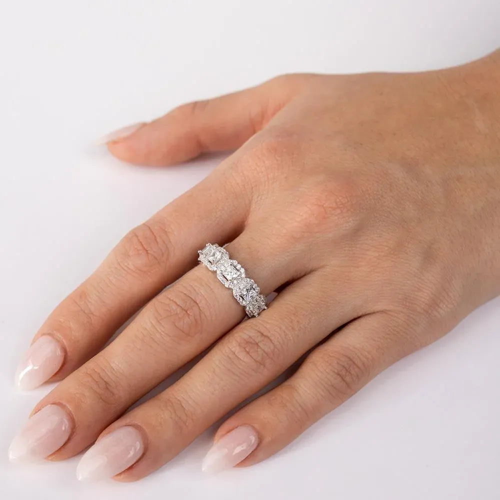925 Sterling Silver Rhodium Plated Eternity Band with Micro Pave Square and Round CZ