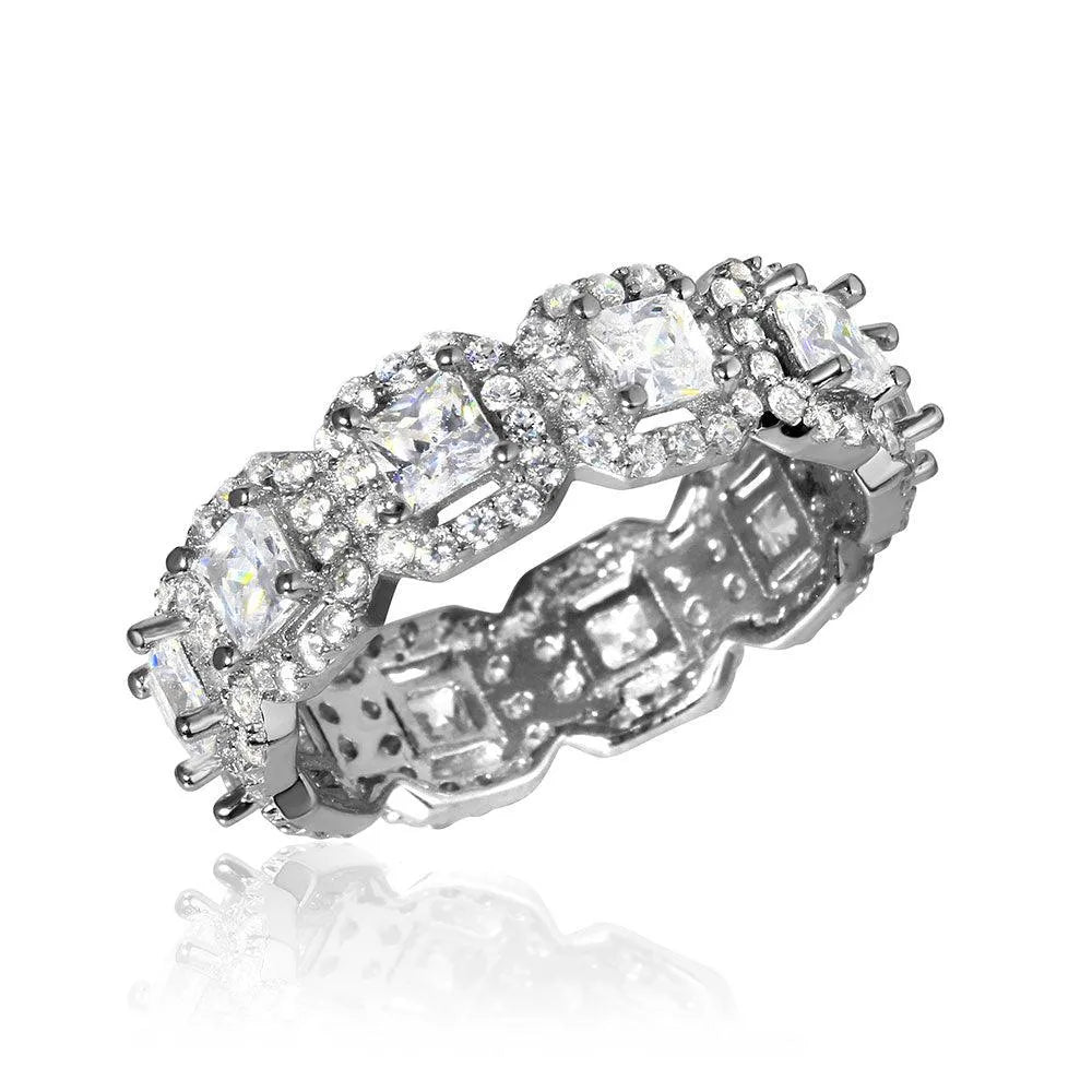 925 Sterling Silver Rhodium Plated Eternity Band with Micro Pave Square and Round CZ